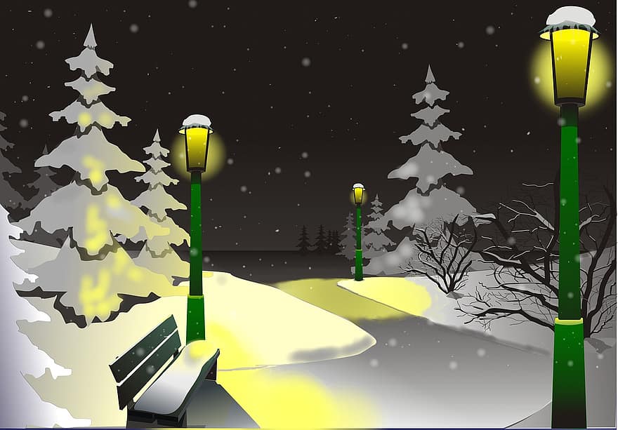 weg, straatverlichting, winter, nacht, sneeuw, lantaarns, straatlantaarns, bomen, bank, park, sneeuwval