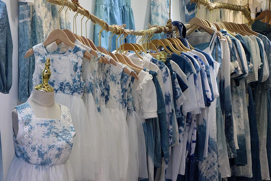 butik, sklep, moda, ubranie, niebieskie ubrania