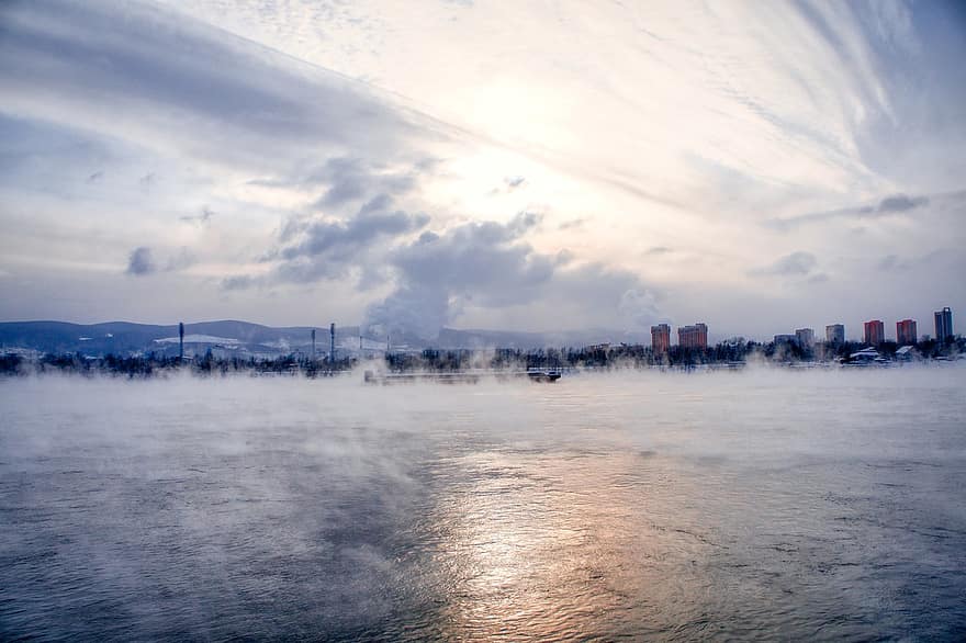 brouillard, ville, rivière, en plein air, Sibérie, Russie, Rékéa, Yenisei