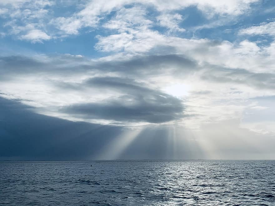 море, океан, залез, слънчеви лъчи, облаци, слънце, вода, Северно море