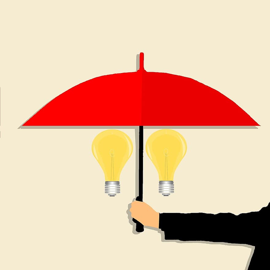 diritto d'autore, idea, lampadina, sicurezza, protetta, ombrello, pioggia, scudo, garanzia, la zona, astratto