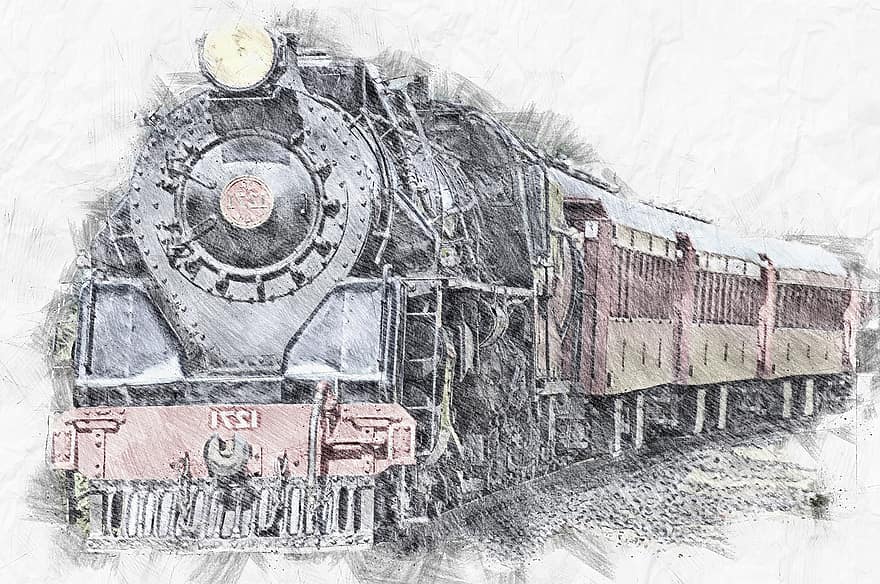 đầu máy xe lửa, đầu máy hơi nước, xe lửa, tượng đài, đường sắt, xe cộ, phương tiện lịch sử, thao tác kỹ thuật số, nghệ thuật ảnh, nghệ thuật xám, Màu xám kỹ thuật số