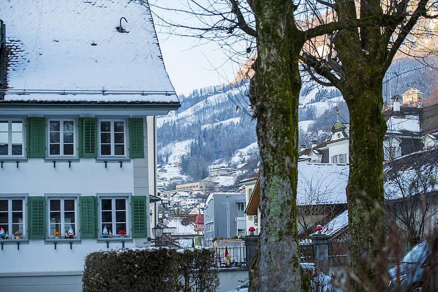 mājas, kajītes, ciemats, sniegs, ziemā, vakarā, Šveice, arhitektūra, jumts, kalns, ēkas ārpuse