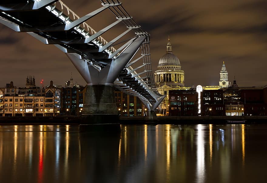 millenniumi híd, London, Temze, Északi Bank, Szent Pál katedrális, hosszú expozíció, építészet, parlament, parlamenti ház, tájékozódási pont, híd
