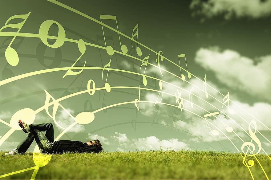 muzika, žolė, vyras, berniukas, pagalvokite, svajones, susirūpinimą, ramybės, atsipalaidavimas, debesys, kraštovaizdį