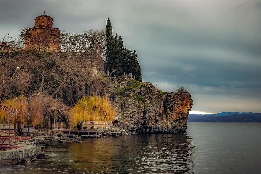 sveti jovan kaneo, Ohrid, észak-macedónia, tájkép, templom, vallás, emlékmű, tó ohrid, horizont, utazás, idegenforgalom