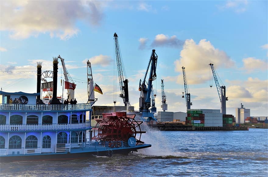 lading, zee, vervoer-, Hamburg, hamburgensien, poort motieven, havencruise, Verzenden, commercieel dok, kraan, bouwmachines