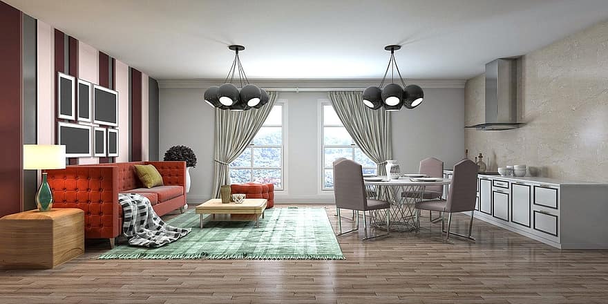 sala, design de interiores, 3D renderizado, Renderização em 3d, decoração, mobília, apartamento, casa, à moda, contemporâneo, sala de estar
