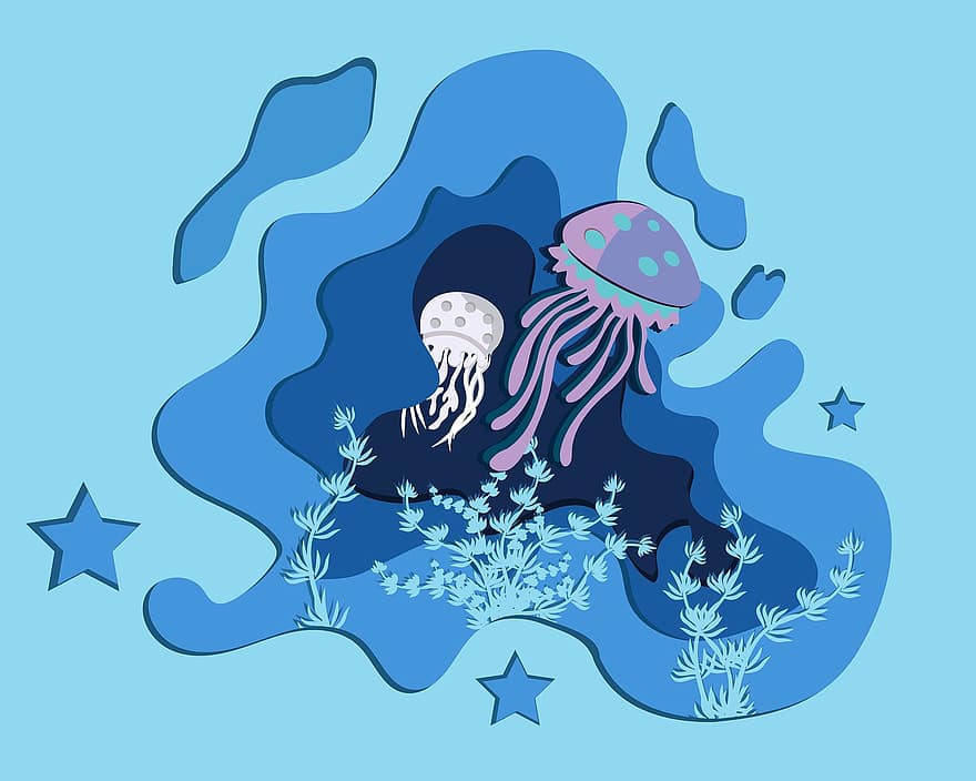 meduses, mar, aigua, marí, art, sota l'aigua, peix, blau, il·lustració, aquàtics, disseny