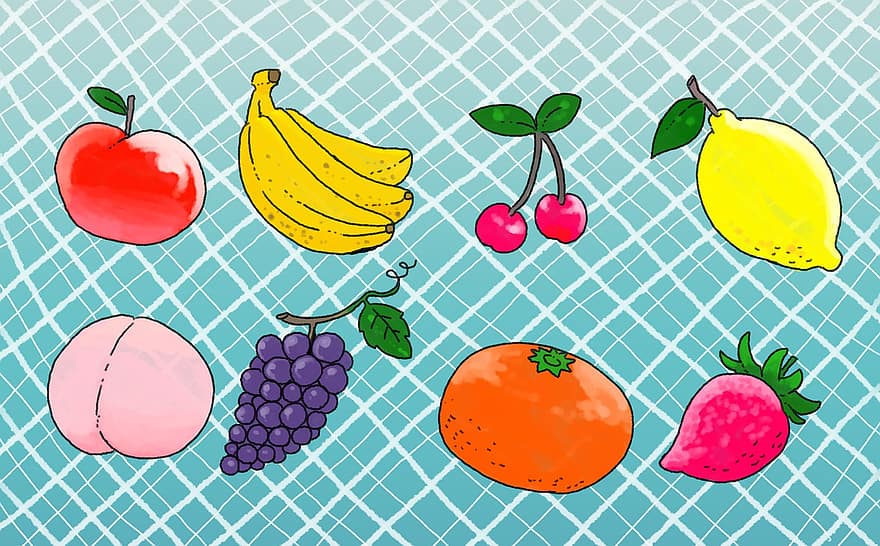 owoce, jedzenie, rysunek, jabłko, brzoskwinia, banan, winogrono, wiśnia, mandarynka, cytrynowy, truskawka