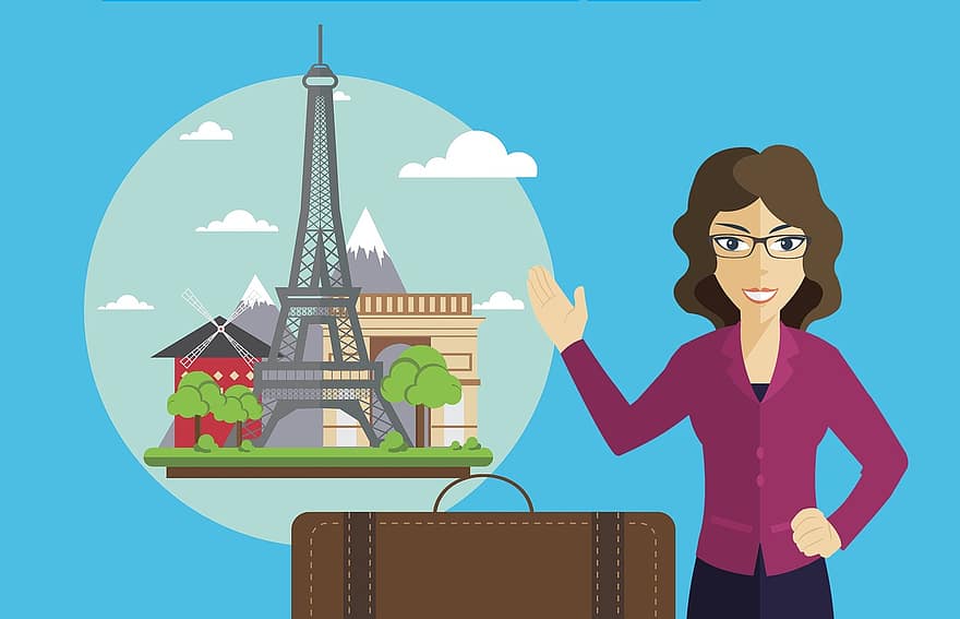 perjalanan, Perancis, liburan, Paris, perempuan, wisatawan, kaki langit, menara Eiffel, kota, bisnis, tas travel