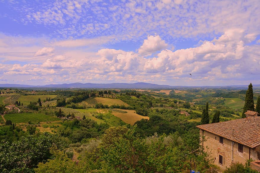 ciel, des nuages, campagne, vert, Saint Gimignano, toscane, Italie, tourisme, paysage