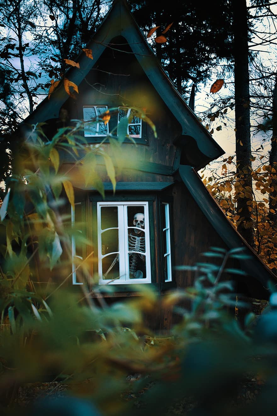 Hut, Skeleton, Halloween, Bushes, Horror, Scary, Fall, Leaves, Witch's House, Mysterious