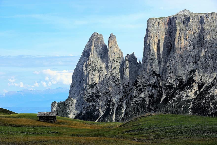 Landschaft, Berg, Wiese, Hütte, Feld, Gipfel, Cliff, Natur, Dolomiten, Südtirol