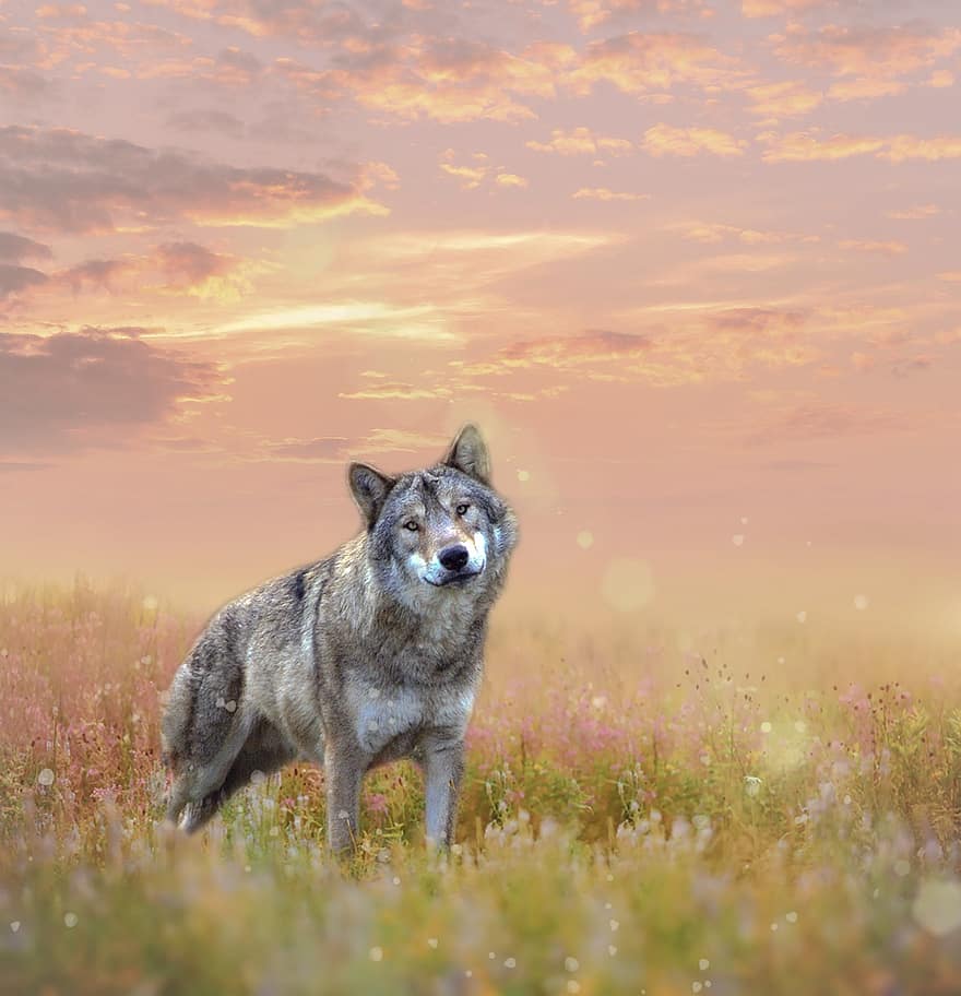 ulv, blomsterfelt, fantasi, eventyr, rovdyret, jeger, grå ulv, kjøtteter, dyreliv, solnedgang, blomster
