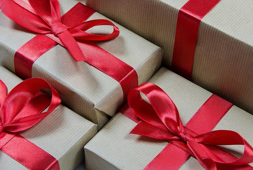 præsenterer, gaver, traditionel, bånd, emballage, overraskelse, pakke, fødselsdag, jul