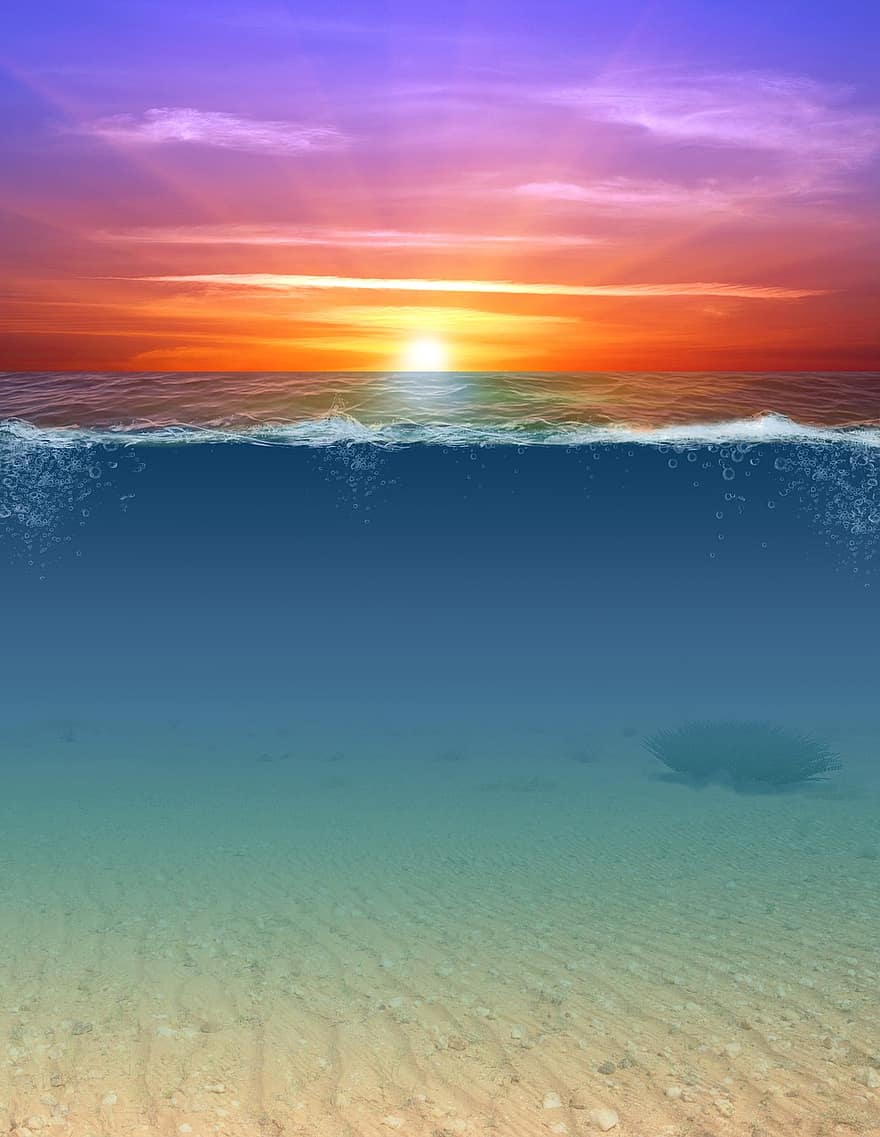 gemengde media, onderwater-, zonsondergang, golven, zee, strand, zon, kleurrijke zonsondergang, romantisch, hemel, horizon
