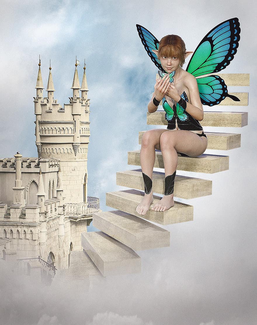 mulher, fada, borboleta, escadas, castelo, torre, menina, sentado, nuvens, fantasia, duende