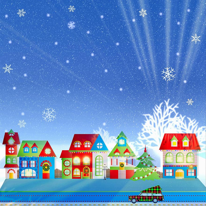 Houses, Tree, Snow, Frost, Ice, Winter, Christmas, Snowflakes, Cold, Mountain, Landscape
