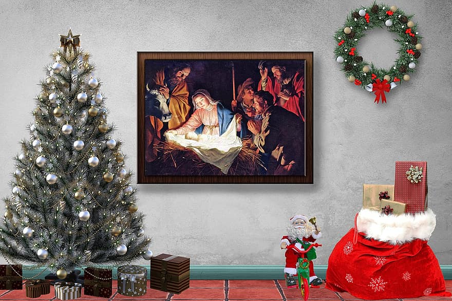 joulu, syntymän kohtaus, Jeesus, kehto, Kristus, kehys, puu, lahjat, Joulupukki, laukku, seppele