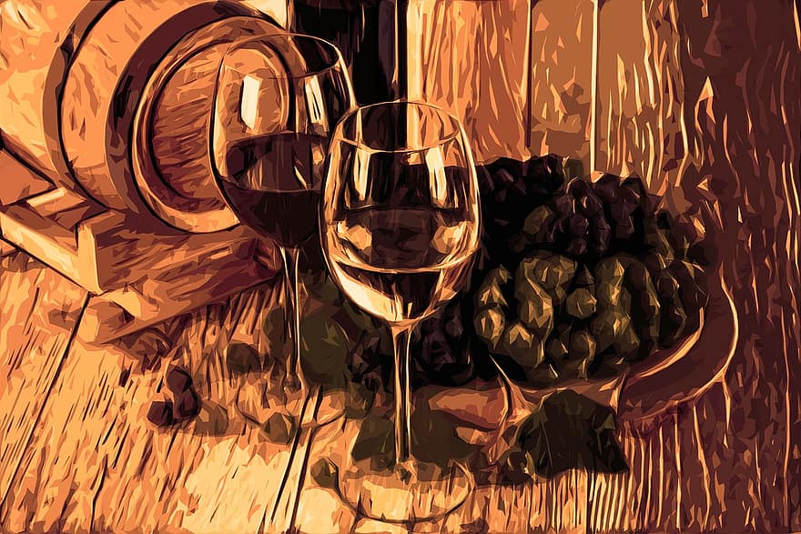 natiurmortas, vynas, stiklas, vynuogės, loza, Statinė, butelis, mediena, derliaus, prabanga, uogų