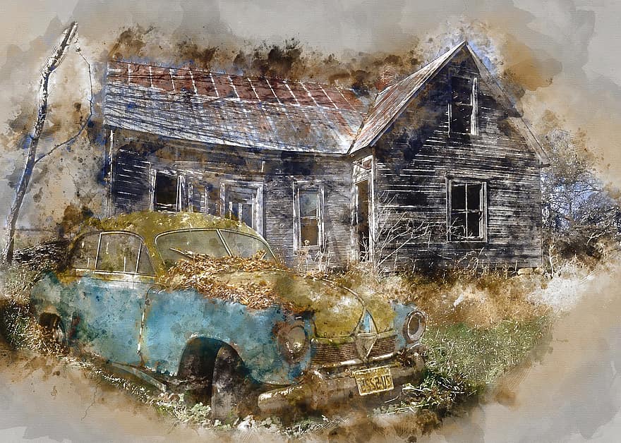 borgward hansa, samochód, ruina, opuszczony, dom, oldtimer, złom samochodów, skrawek, zardzewiały, rdza, wrak samochodu