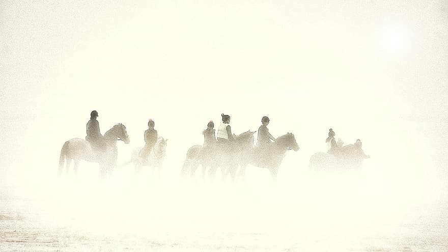 cavalos, cavaleiros, névoa, de praia, areia, nebuloso, cavalgando, Cavaleiros, costa
