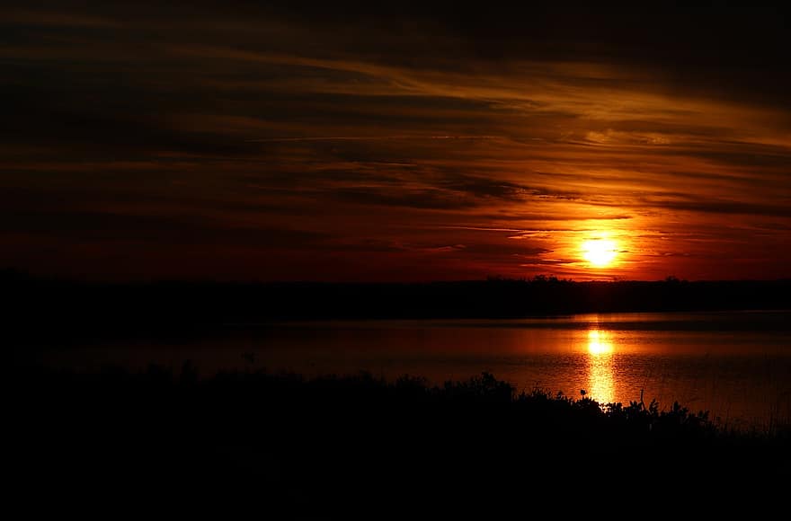 Lake, Sunset, Evening, Dusk, Sun, Clouds, Sky, Scenery, View, Water, Reflection