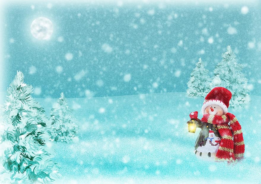 Kalėdų motyvas, Kalėdinis atvirukas, sniego žmogus, sniego kraštovaizdis, Kalėdos, eglės, žiemos, sniegas, žibintas, juokinga, saldus
