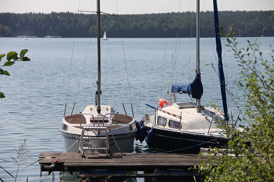 ヨット、湖、夏、休暇、静か、水、木、航海船、セーリング、交通手段、青