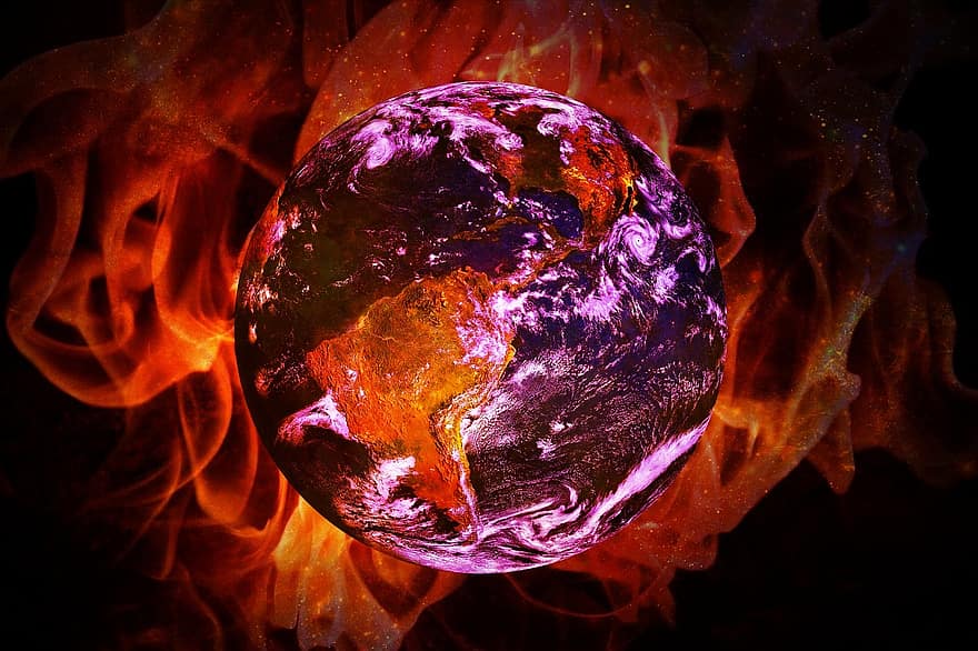気候変動、地球温暖化、地球、火炎、燃える地球、温室、気候、変化する、天気、グローバル、惑星