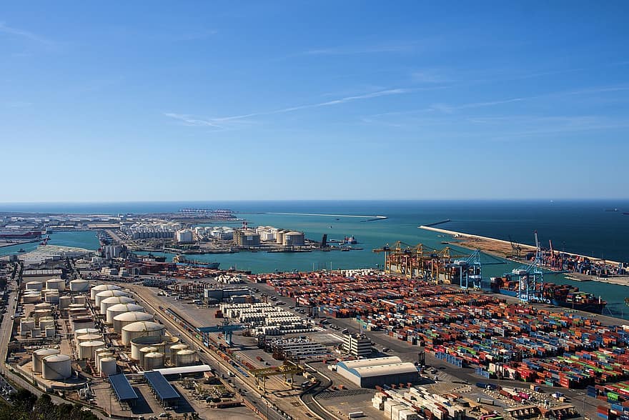 kikötő, konténerszállító hajók, logisztika, tengerpart, tenger, víz, város, hajó, óceán, export, import