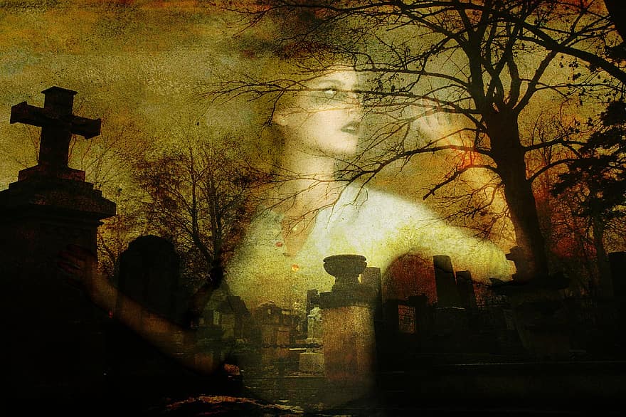 halloween, spøkelse, kirkegården, grav, pike