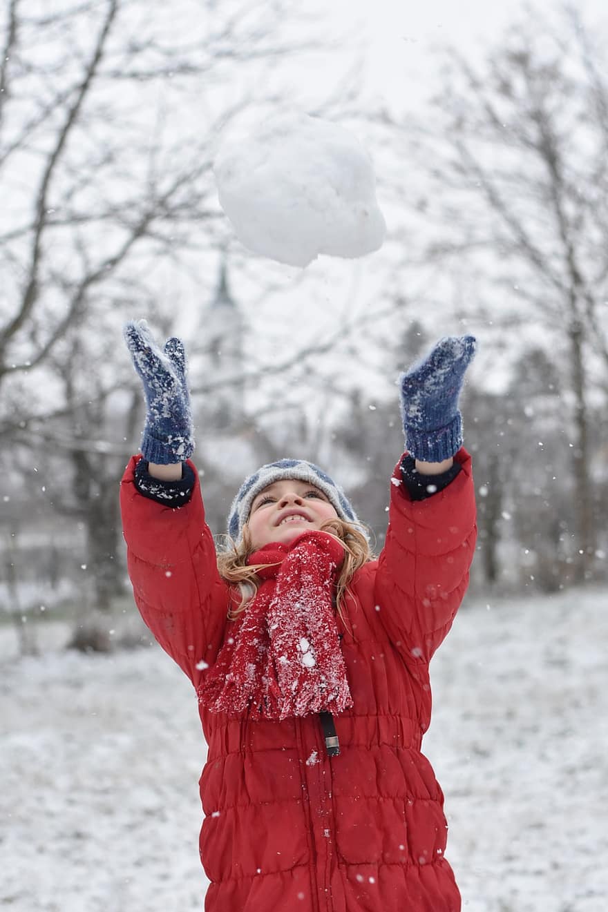 아이, 눈, 겨울, 눈이 내리는, 어린이, 젊은, 연주하다, 놀이, 겨울옷