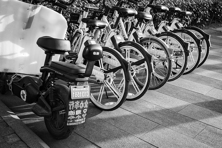 biciclette, motocicletta, città, bici da città, noleggio bici, bicicletta, strada, urbano, stile di vita, shanghai, Cina