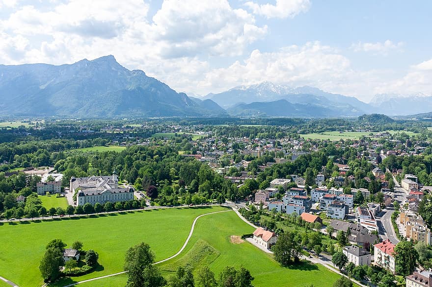 долина, град, планини, Залцбург, Австрия, пейзаж, природа, на открито, пътуване