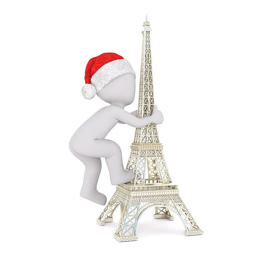 beyaz erkek, 3 boyutlu model, tüm vücut, 3d santa şapka, Noel, Noel Baba şapkası, 3 boyutlu, beyaz, yalıtılmış, Eyfel Kulesi, Paris