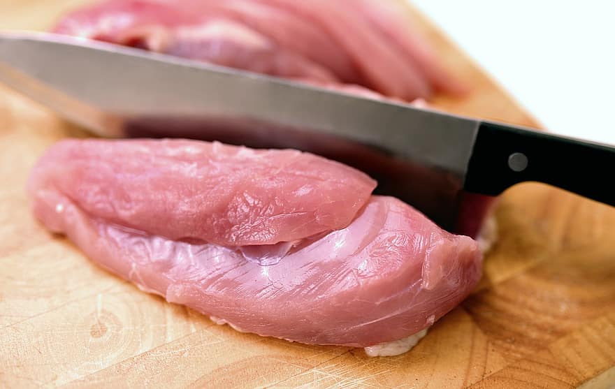mėsa, peilis, naminių paukščių, maisto, neapdorotas, Vištiena, pjaustyti, supjaustyti, žalia mėsa