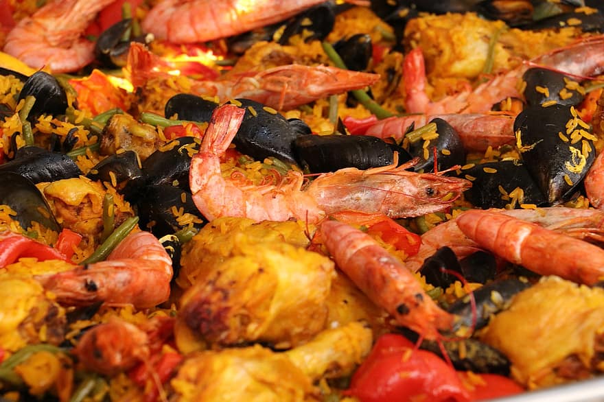 paella, φαγητό, ρύζι, θαλασσινά, πιάτο, καλοφαγάς, φρεσκάδα, γεύμα, γκρο πλαν, μαγείρεμα, γαρίδα