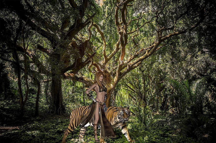 τίγρη, πολεμιστής, φαντασία, δάσος, φύση, κινουμένων σχεδίων, γυναίκες, δέντρο, τροπικό δάσος, ζώα στη φύση, ενήλικος