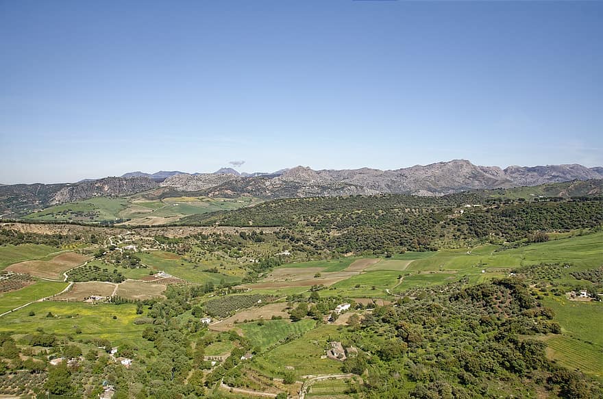 Испания, Андалусия, Провинция Малага, Benaoján, село, планини, дървета, околност, селска сцена, пейзаж, ферма