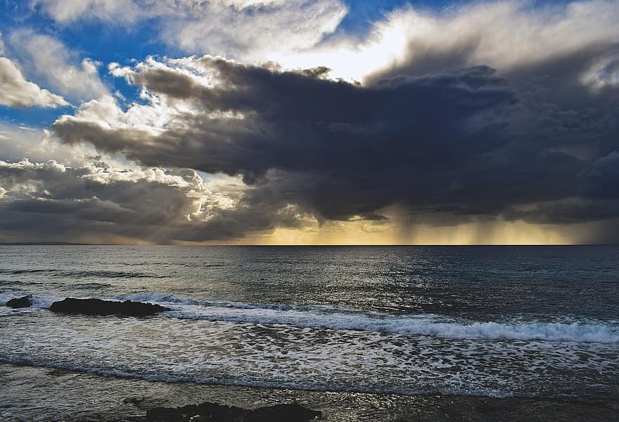 समुद्र, आकाश, बादलों, क्षितिज, आंधी, प्रकृति, सूर्य का अस्त होना, लहर, बादल, पानी, गोधूलि बेला