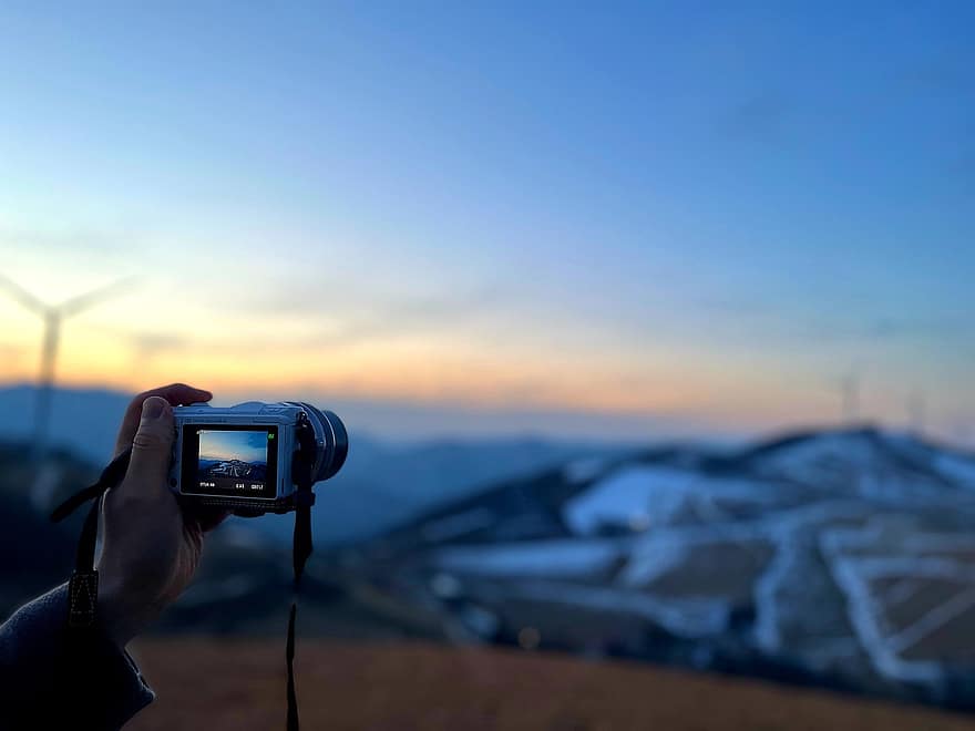 Camera, Nature, Mountain, Snow, Winter, Hand, Sunset, Focus, Film, equipment, graphic equipment