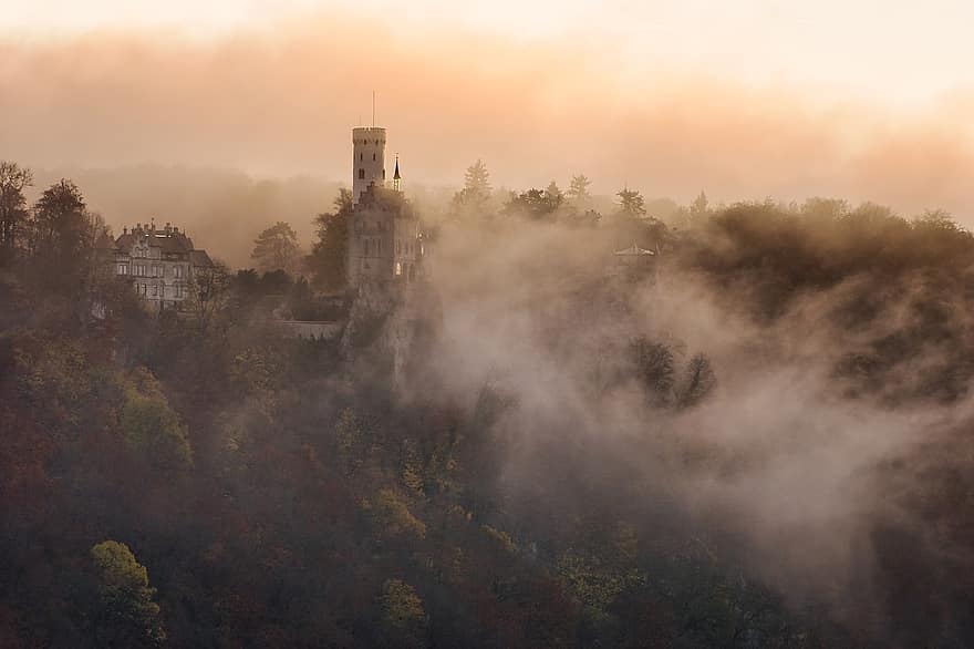 замок, крепость, башня, туман, ориентир, туристическая достопримечательность, история, Lichtenstein