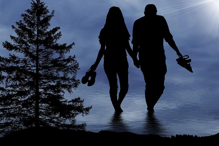 par, forhold, hender, holding, innsjø, vann, skog, trær, silhouette, romantisk, romanse