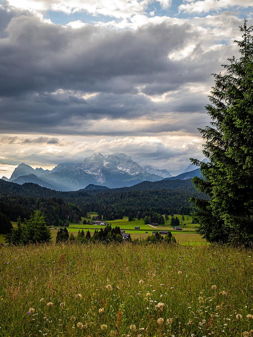 алпийски, планини, пейзаж, природа, ливада, Бавария, панорама, туризъм, почивки, Алгой, облаци