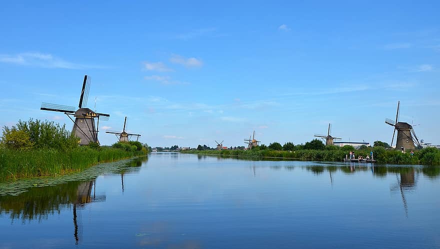 Kinderdijk, ветряные мельницы, озеро, устойчивость, экология, пейзаж, река, архитектура, сельское хозяйство, природа, фон