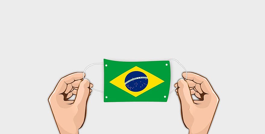 Gesichtsmaske, Flagge, Hände, Brasilien, Virus, Pandemie, Covid-19