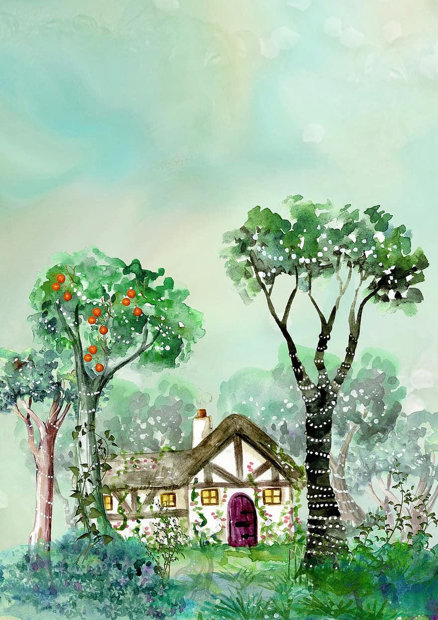 fons, aquarel·la, casa, fantasia, arbres, plantilla de targeta, fons de l'aquarel·la, paper, disseny, textura, color