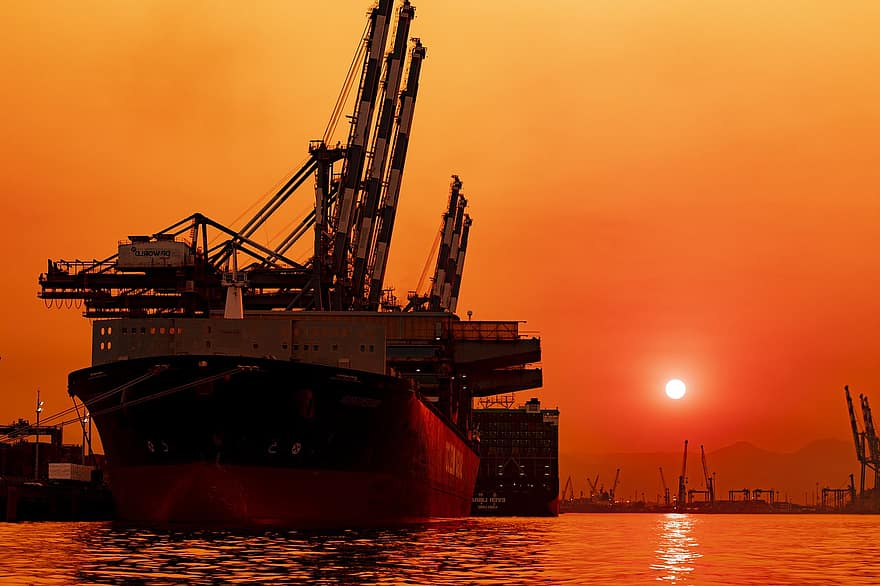 Ship, Sunset, Port, Sea, Ocean, Pier, Shipping Port, Shipping, Shipping Industry, Cranes, Shipping Cranes